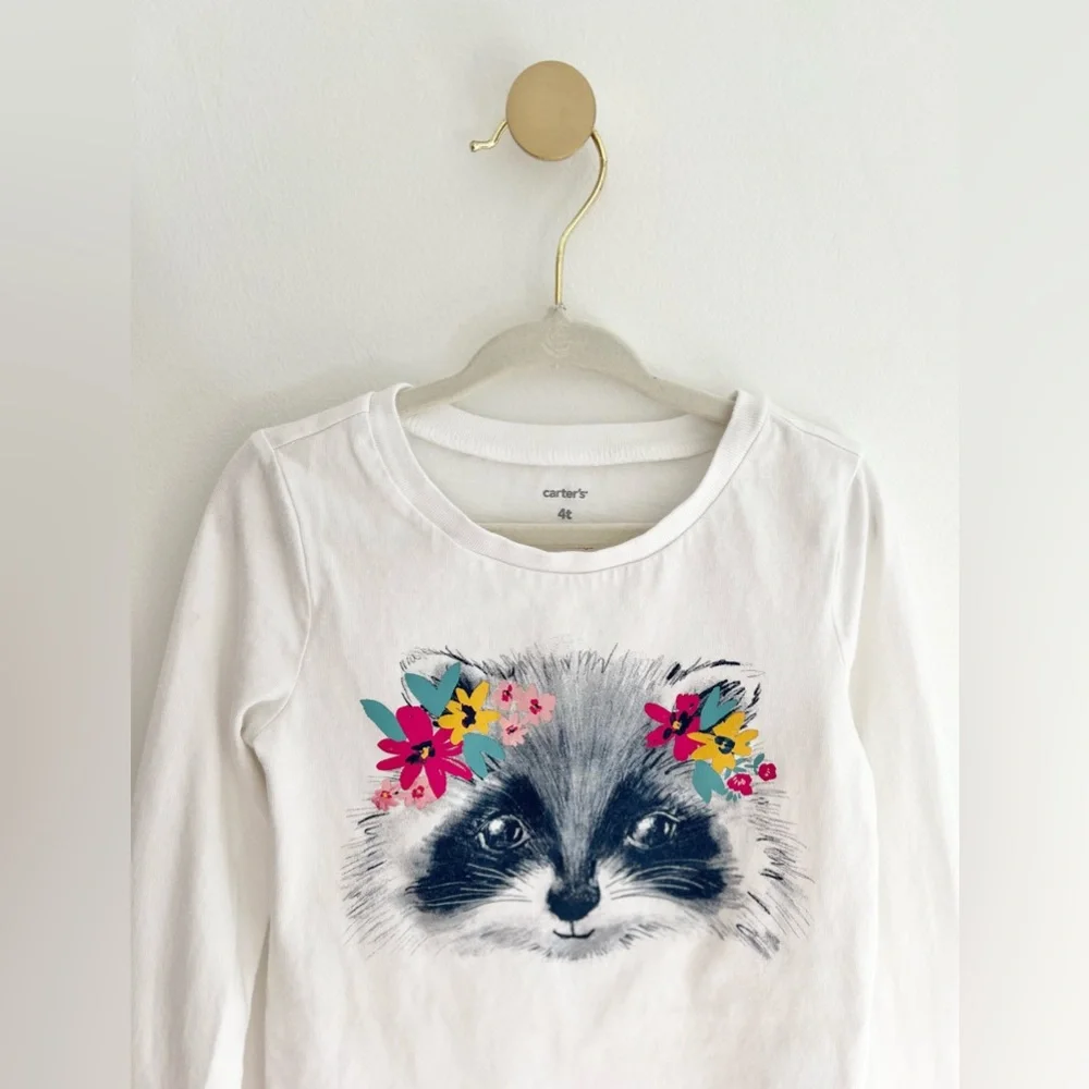 💫$4/ADD ON 💫 Carter's Kids White Long Sleeve Tee with Raccoon Design | Girls 4T